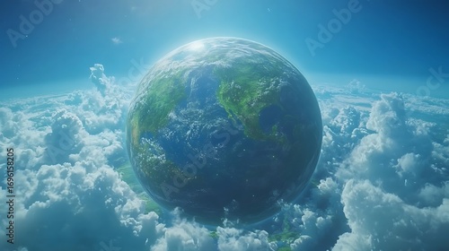 The Earth Ascending Through Billowing Clouds Under a Brilliant Blue Sky