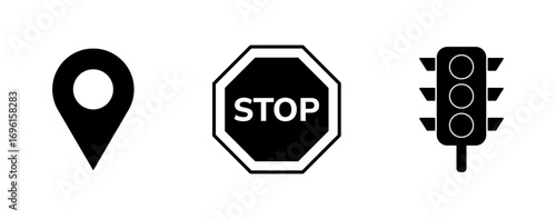 Traffic icons with location pin, stop sign and traffic light, Vector Illustration.