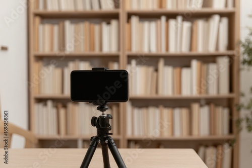 Smartphone on tripod ready for filming, showcasing modern conten
