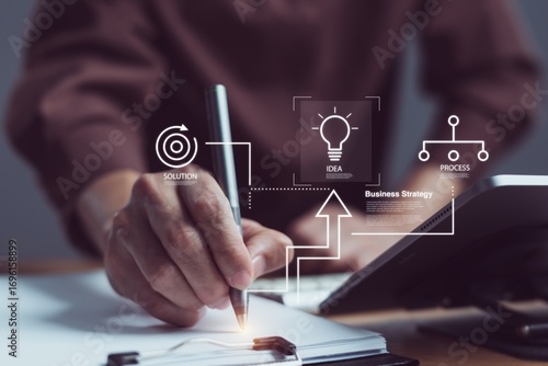 Businessman writing on paper with idea, solution, and process icons representing strategic innovation, business planning, and professional development approach