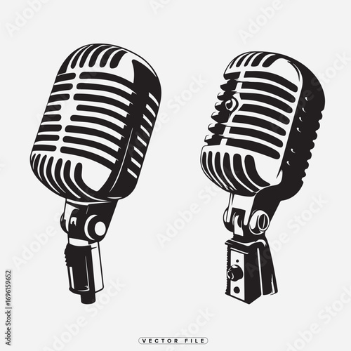 vintage microphones side by side in black white