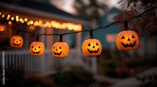 Halloween Pumpkin Lights: A string of jack-o'-lantern lights illuminates the front of a cozy home, the warm glow creating an inviting atmosphere for trick-or-treaters on Halloween night.
