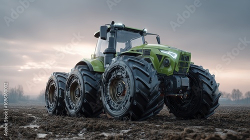 Modern Green Tractor on Muddy Field Under Cloudy Sky, Agriculture Equipment.