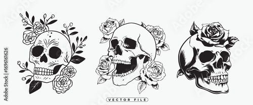 skulls adorned with flowers and leaves artistic black white illustration