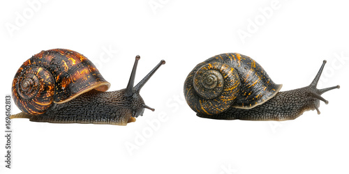 Collection Close up view of two snails showcasing their unique shells and textures, highlighting their natural beauty and intricate