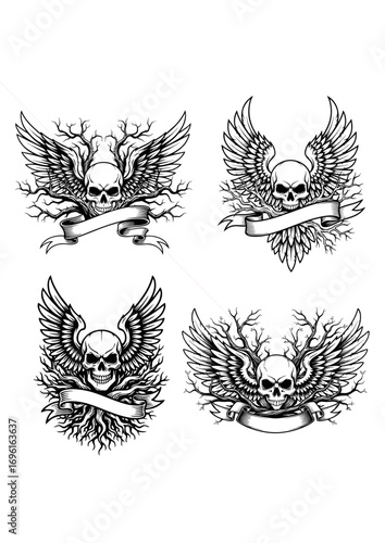 Winged Skulls with Branches and Banners Illustration Set