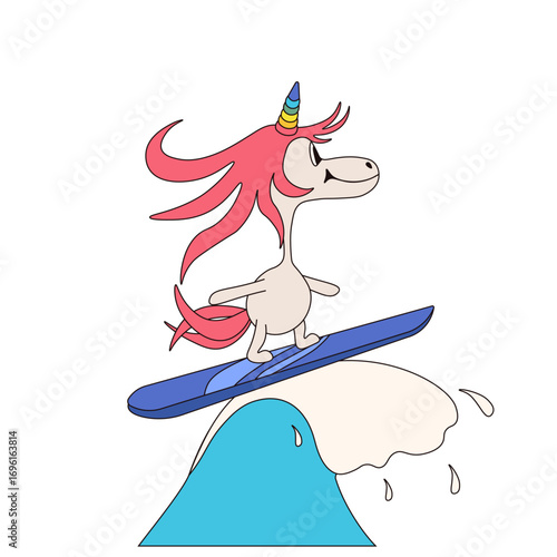 Funny vector Unicorn on surfboard. Surf Club Summer art isolated transparent. Kids Summer print design with magical horse on wave. Perfect nursery art child poster cover template design. Editable