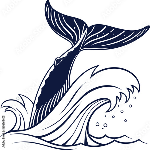 Whale Tail Ocean Wave Line Art