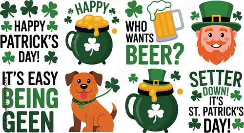 A collection of st patrick's day themed graphics with clovers, beer, and a cute dog illustration