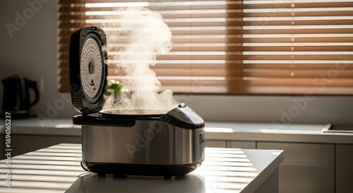 Steaming Rice Cooker with the Lid Open in a Bright Kitchen