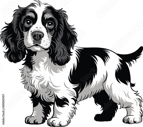 A black and white cocker spaniel standing on a white background looking at the viewer calmly and sweetly