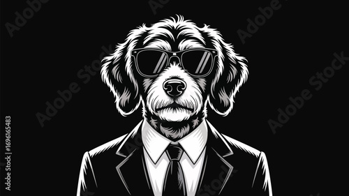 Illustration of a dog wearing sunglasses and a suit in black and white color scheme on black background