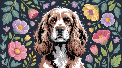 Portrait of a cocker spaniel surrounded by colorful flowers and leaves on a dark background