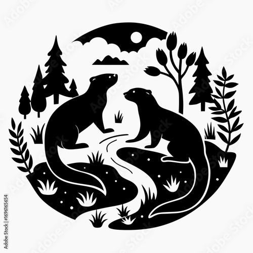 Otters in Forest Stream Silhouette Vector
