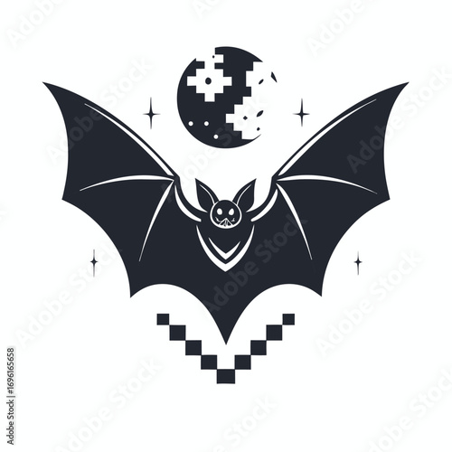 Bat Pixelated Body Spreading Wings Under Moon and Stars on White Background