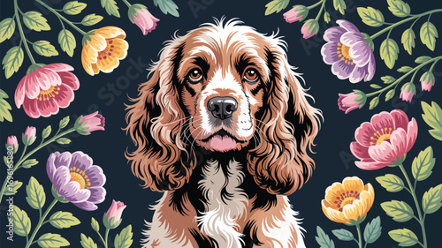 A cocker spaniel portrait surrounded by colorful flowers on a dark background art illustration