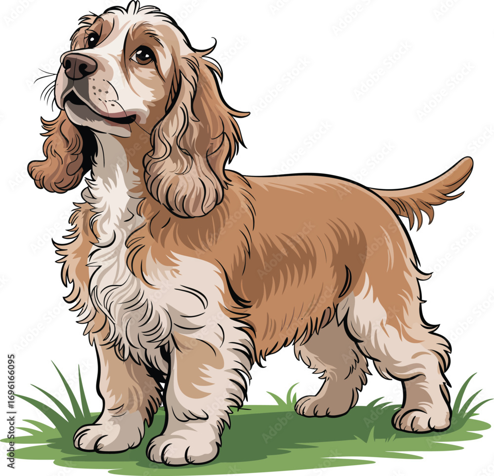 Φωτογραφία Illustration of a cocker spaniel puppy standing on grass against a white backgro