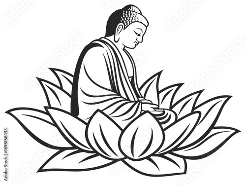 Meditating Monk Vector – Buddhist Meditation Line Art Illustration