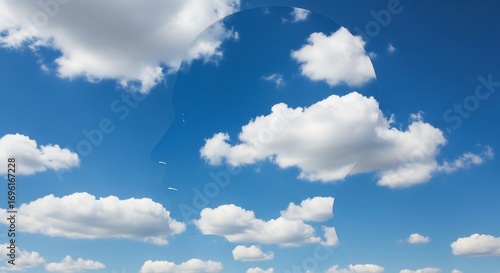 Dreamy blue sky with fluffy clouds forming a human head profile, evokes peace and clarity for mindfulness and mental wellness concepts