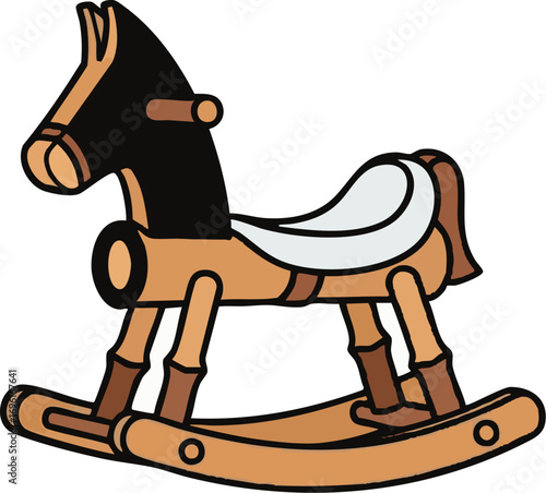 Cartoon Toy Vector Illustration of a Rocking Horse with Brown and Black Design Elements