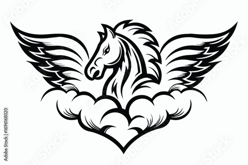 Black Flying Pegasus with Stars and Clouds on White Background,