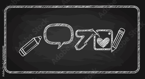 Chalkboard art depicts social media icons speech bubble arrow photo with heart and pencils within a chalkboard border