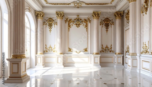 A grand  opulent interior scene featuring marble floors  ornate golden accents  and imposing columns. Sunlight streams through tall arched windows  