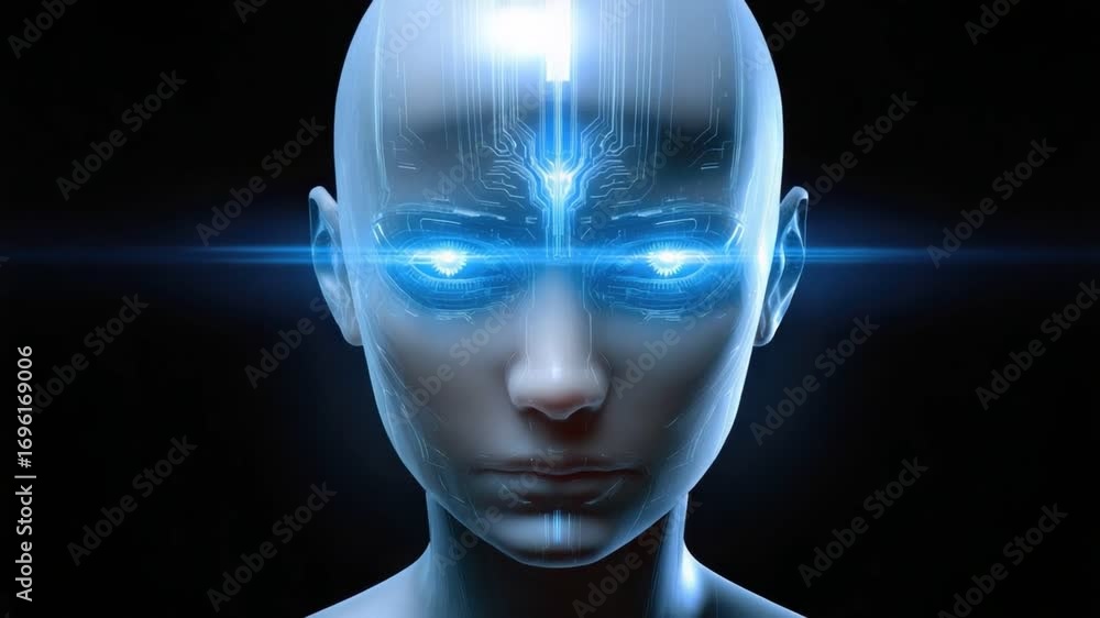 A futuristic humanoid face with glowing blue eyes and intricate circuitry design. This image represents advanced robotics and artificial intelligence concepts. A futuristic humanoid face with glowing blue eyes and intricate circuitry design. This image represents advanced robotics and artificial intelligence concepts.