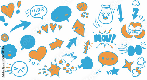 Illustration of orange  blue handdrawn elements hearts arrows faces chat bubbles clouds stars and action expressions