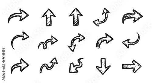 Sketchy arrows of various orientations and styles are scattered on a white background