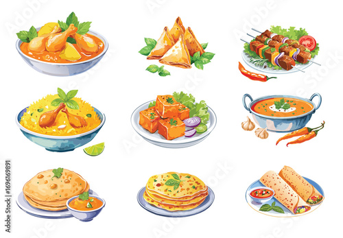Indian Food Illustration Set – Curry, Samosa, Paneer, Roti, Dosa, Wraps and Traditional Dishes