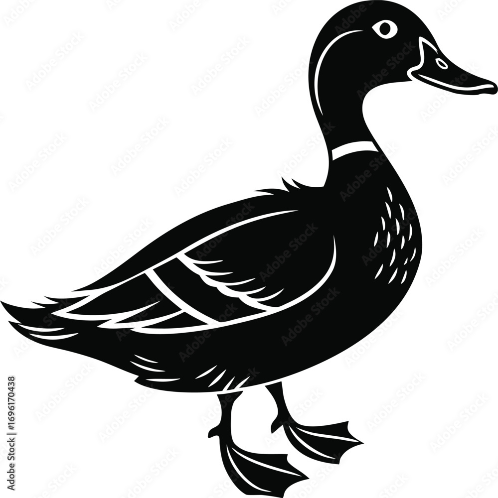 Fototapeta premium Stylized Cute Duck Silhouette Vector, Minimalist Black Duck Outline Design, Adorable Duck Silhouette Illustration, Simple Duck Vector Artwork