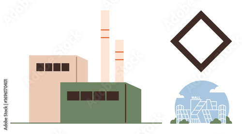 Factory building with smokestacks, modern shopping mall illustration, and diamond-shaped dark geometric accent. Ideal for industrialization, urban planning, architecture, environment, economy
