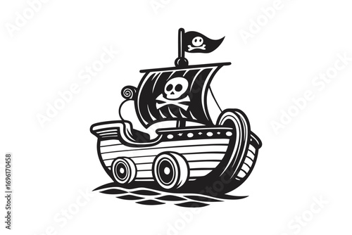 Black Pirate Ship Icon with Skull on White Flag, Cartoon Style, Design