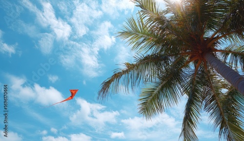 Kite soaring over a palm tree under a bright sky