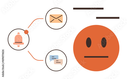 Notification bell, email envelope, and chat bubble linked to a neutral emotion face. Ideal for communication, urgency, feedback, connection, emotional response, social interaction simple flat