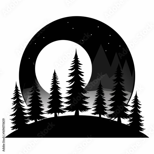 tree, forest, illustration, nature, vector, silhouette, night, landscape, moon, star, outdoors, background, environment, summer, art, dusk, sun, blue, sky, sunset, woodland, no people, plant, astronom