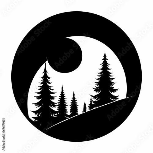 tree, forest, illustration, nature, vector, silhouette, night, landscape, moon, star, outdoors, background, environment, summer, art, dusk, sun, blue, sky, sunset, woodland, no people, plant, astronom