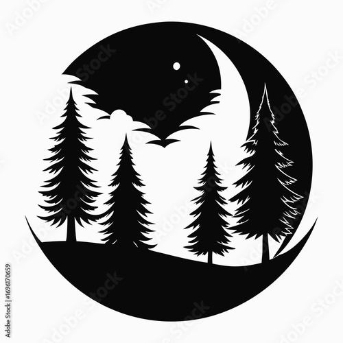 tree, forest, illustration, nature, vector, silhouette, night, landscape, moon, star, outdoors, background, environment, summer, art, dusk, sun, blue, sky, sunset, woodland, no people, plant, astronom