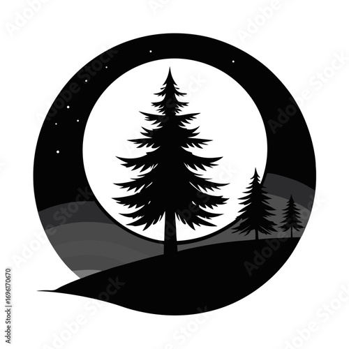 tree, forest, illustration, nature, vector, silhouette, night, landscape, moon, star, outdoors, background, environment, summer, art, dusk, sun, blue, sky, sunset, woodland, no people, plant, astronom