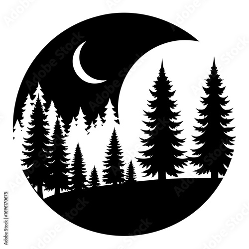 tree, forest, illustration, nature, vector, silhouette, night, landscape, moon, star, outdoors, background, environment, summer, art, dusk, sun, blue, sky, sunset, woodland, no people, plant, astronom