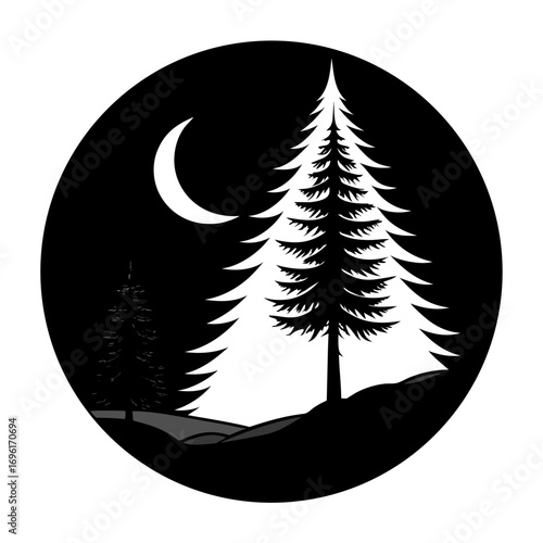 tree, forest, illustration, nature, vector, silhouette, night, landscape, moon, star, outdoors, background, environment, summer, art, dusk, sun, blue, sky, sunset, woodland, no people, plant, astronom