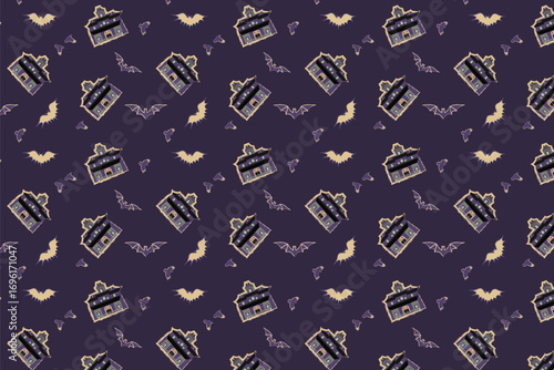 Vintage Haunted Mansion Vintage engraving style seamless pattern featuring halloween elements haunted mansions and moons, perfect for gothic Halloween fabrics and wallpapers