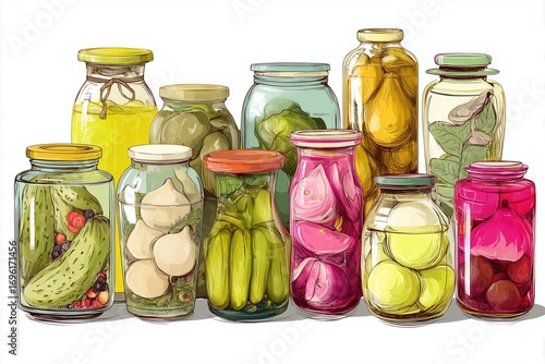 illustration of Various pickled foods in jars isolated on a white background