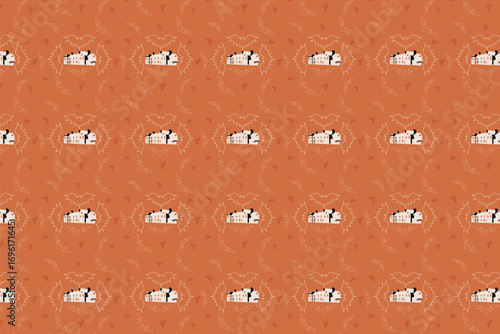 haunted mansion bats Vintage engraving style seamless pattern featuring halloween elements haunted mansions and moons, perfect for gothic Halloween fabrics and wallpapers