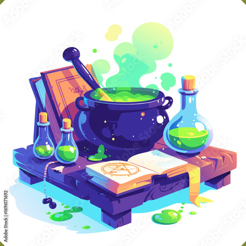 Vector illustration of magic potion cauldron with spell book and bottles, isolated on a white background