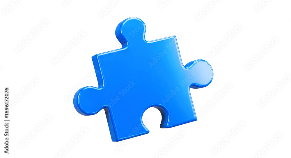 Fototapeta premium 3d model vibrant blue puzzle piece, solution concept, missing piece game asset, isolated on transparent background