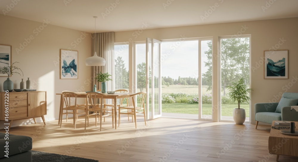 Fototapeta premium Bright and Airy Modern Dining Room with Open Doors Leading to a Scenic Outdoor View