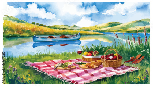 Serene lakeside picnic scene with rolling hills and a boat under blue skies