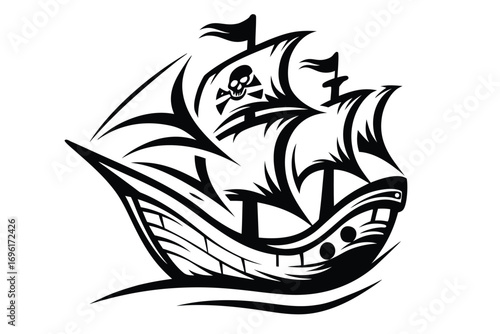 Black Silhouette of Pirate Ship with Skull on White Background